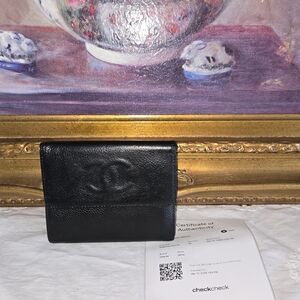 CHANEL Black Leather Card & Key Holder with Embossed CC